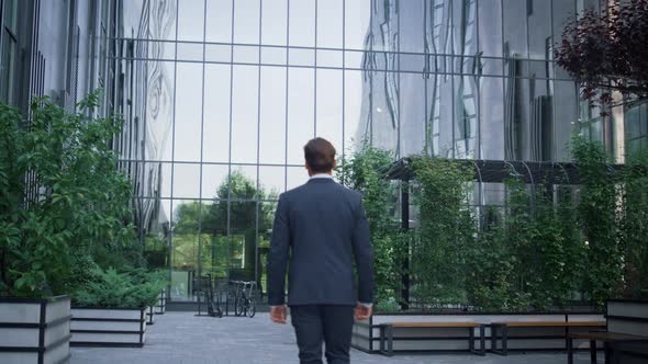 Confident Businessman Walking Downtown Area Rear View alt