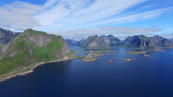 Aerial footage of beautiful town Reine on Lofoten islands in Norway