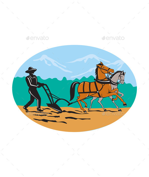 Farmer and Horses Plowing Field Cartoon - People Characters