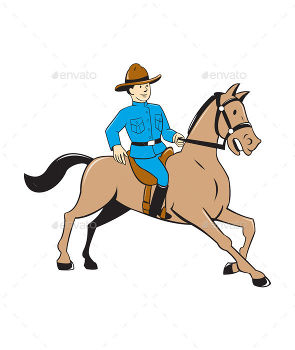 Mounted Police Officer Riding Horse Cartoon - People Characters