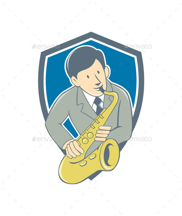 Musician Playing Saxophone Shield Cartoon - People Characters