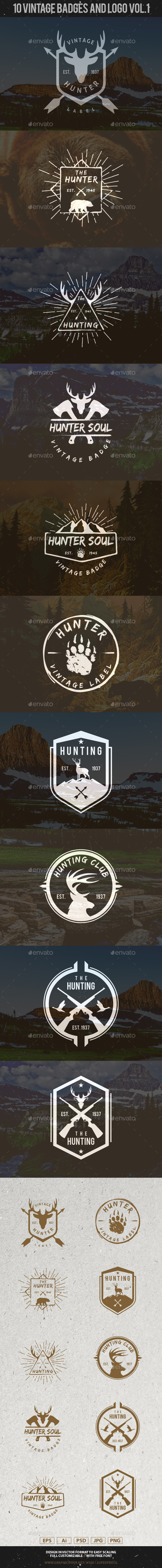 10 Hunting Vintage Badges and Logos Vol.1 - Badges & Stickers Web Elements