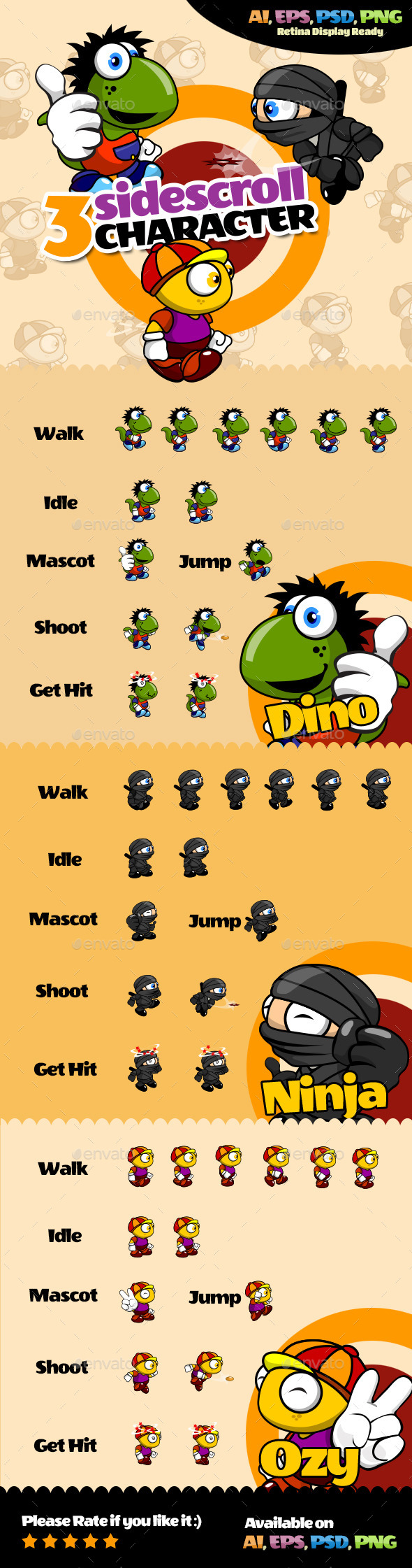 3 Side Scroll Character - Sprites Game Assets
