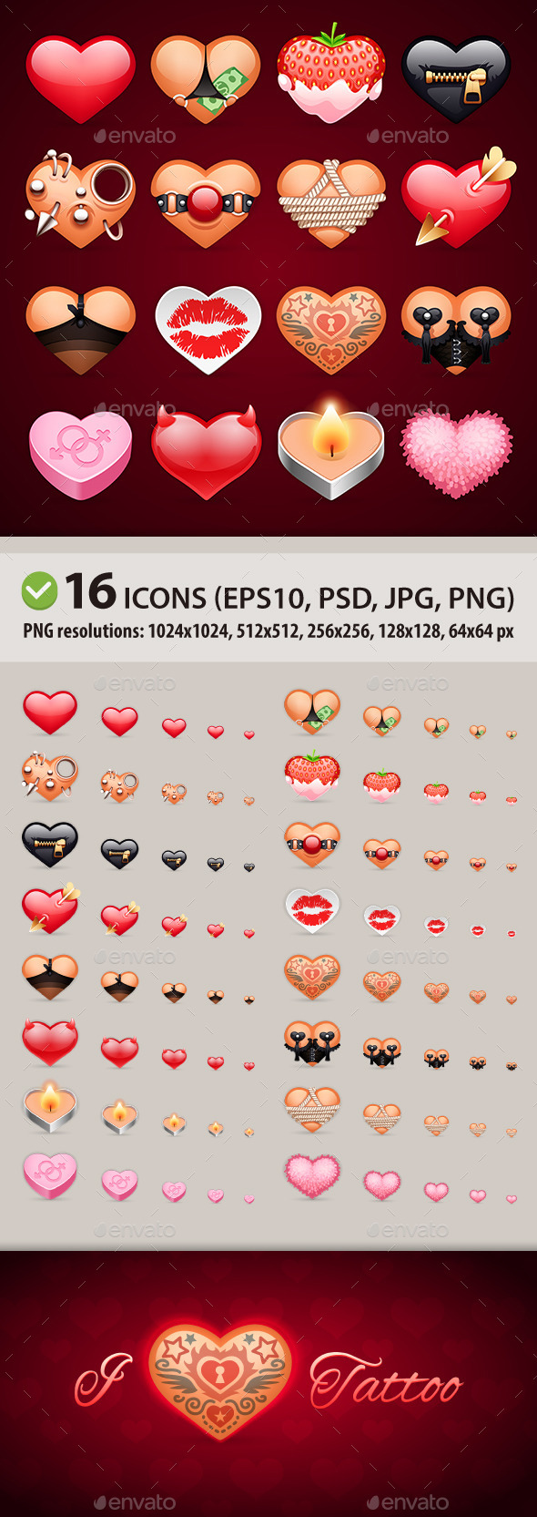 Set of Erotic Heart Icons - Valentines Seasons/Holidays