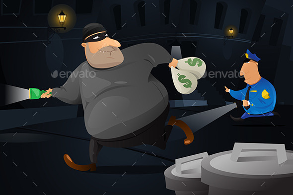 Policeman Catching a Robber in a Dark Alley - People Characters