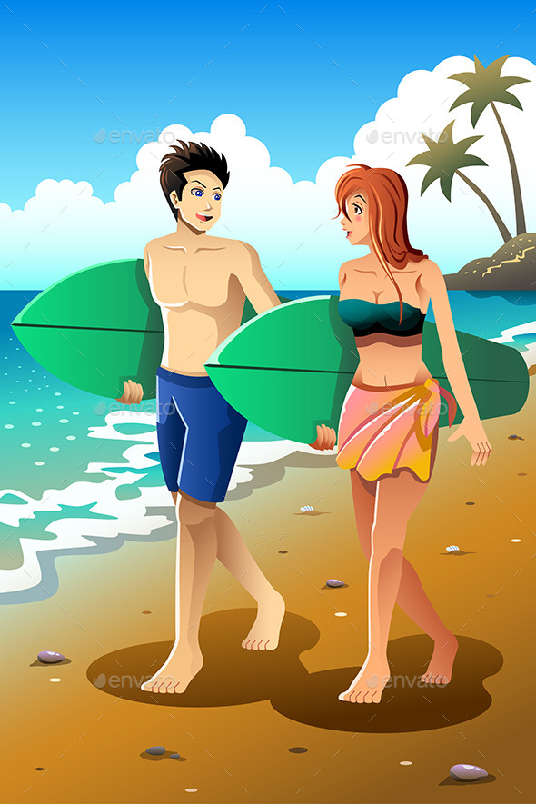 Surfer Couple on the Beach - Seasons/Holidays Conceptual