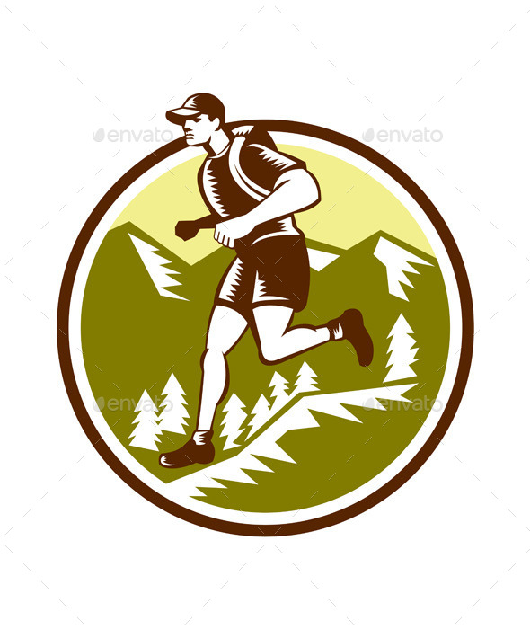 Cross Country Runner Mountains Circle Woodcut - Sports/Activity Conceptual