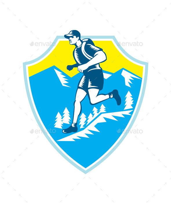 Cross Country Runner Mountains Shield Woodcut - Sports/Activity Conceptual
