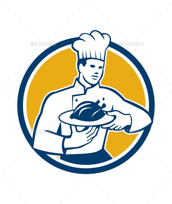 Chef Serving Chicken Platter Retro Circle - People Characters