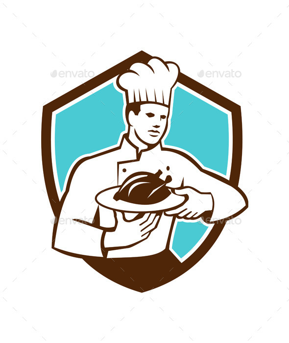 Chef Serving Chicken Platter Retro Shield - People Characters