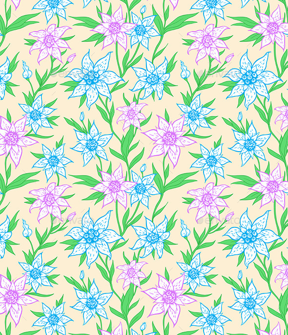 Pattern with Blue Flowers and Leaves - Patterns Decorative
