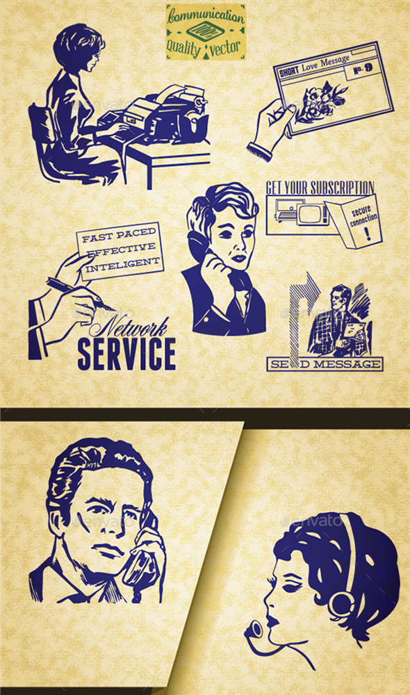 Communication Retro Set of Illustrations - Communications Technology