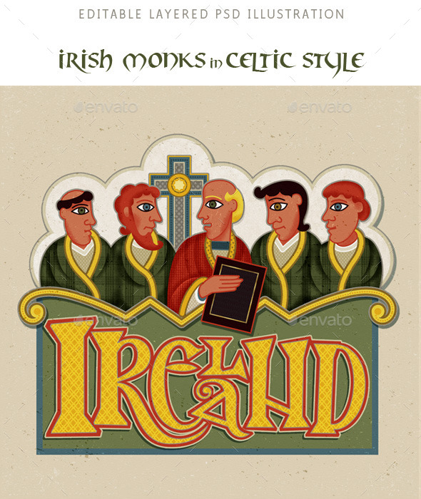 Ireland, Monks in Modern Irish Celtic Art Style - People Illustrations