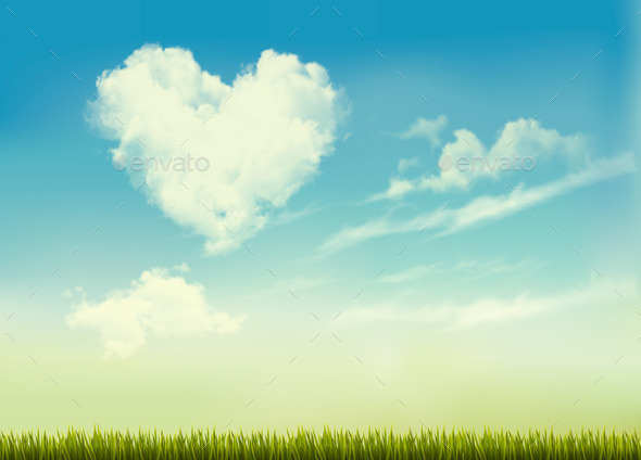 Retro Nature Background with Blue Sky with Hearts - Nature Conceptual