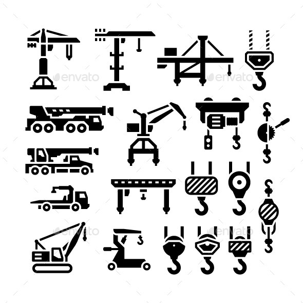 Set Icons of Crane, Lifts, Winches and Hooks - Man-made objects Objects