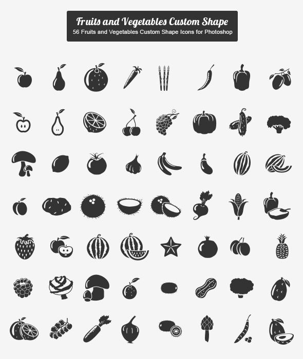 56 Fruits and Vegetables Custom Shape Icons - Shapes Photoshop