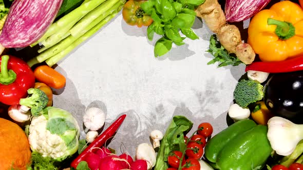 Huge Selection of Fresh Organic Vegetables on a Gray Background in the Centre.