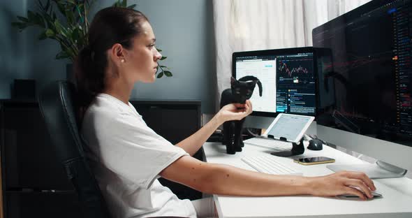 Female Investor Looks Stock Market and Works From Home with Cat on the Table alt