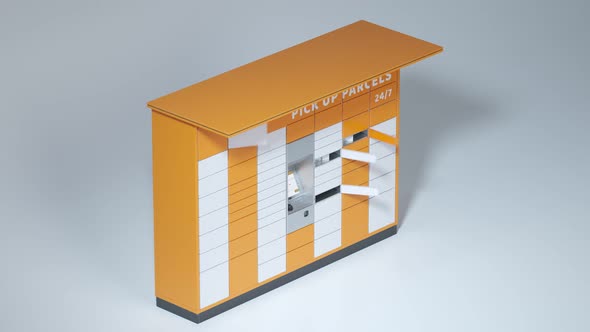 Loopable timelapse animation of the parcel locker. Doors open and close rapidly. alt