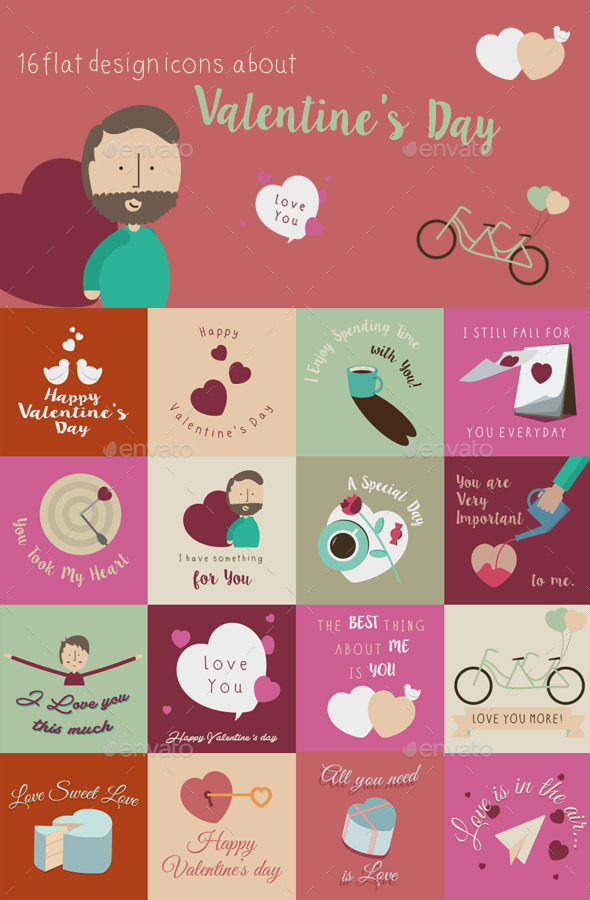 Happy Valentines Day Flat Design Cards - Valentines Seasons/Holidays