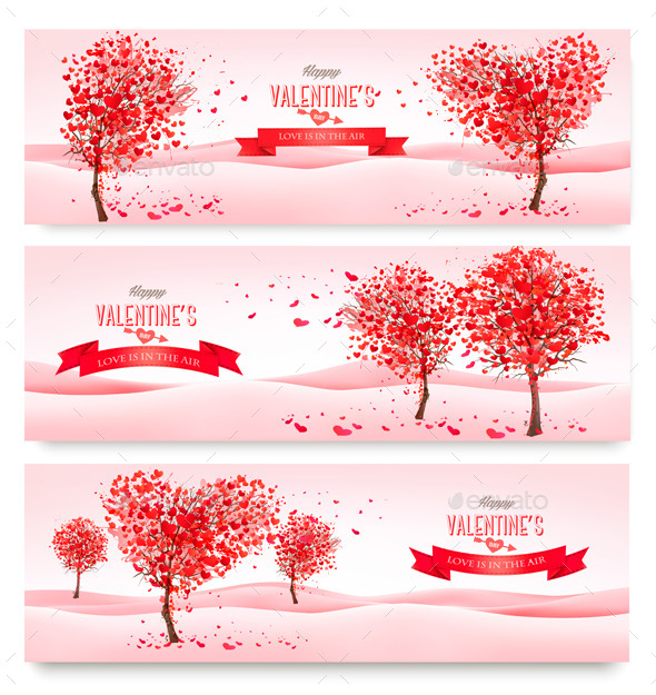 Holiday Retro Banners Valentine Trees with Hearts - Valentines Seasons/Holidays