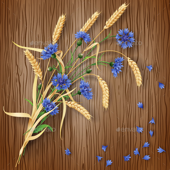 Cornflowers and Wheat Ears on Wood Background - Flowers & Plants Nature