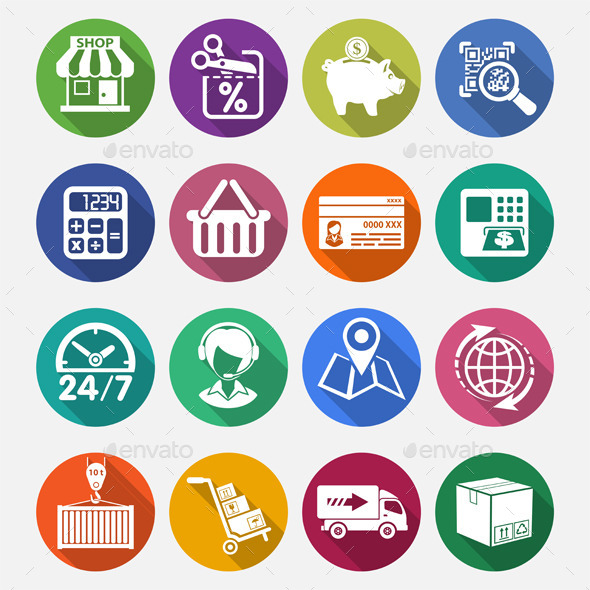 Internet Shopping and Delivery Flat Icon Set - Retail Commercial / Shopping