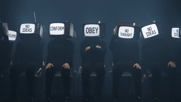 Men in a dark room with TV`s on their heads. Conformist words  on the screen. alt