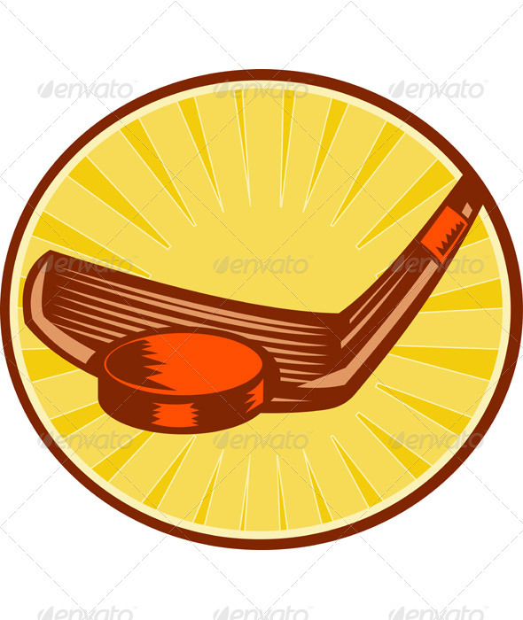 Ice Hockey Stick and Puck Retro Style