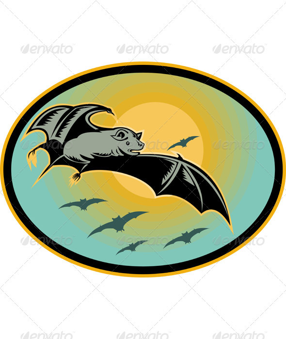 Bat Flying With Moon Retro Woodcut Style
