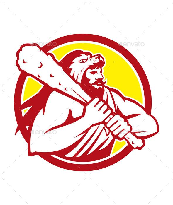 Hercules in Lion Skin Wields Club Retro Circle - People Characters