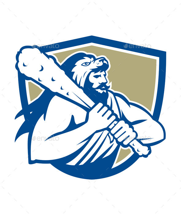 Hercules in Lion Skin Wields Club Retro Shield - People Characters