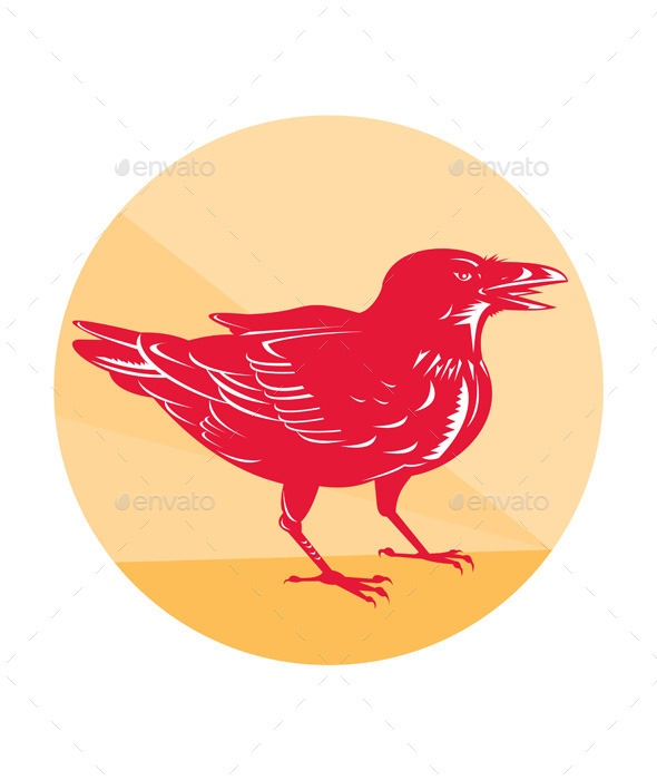 Raven Side Woodcut Retro Circle - Animals Characters