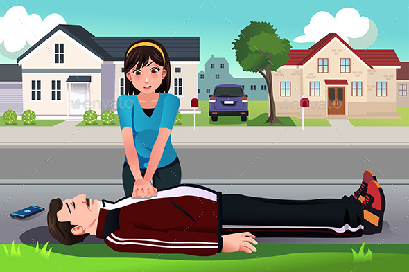 Teenager Giving a CPR to a Middle Aged Man - Health/Medicine Conceptual