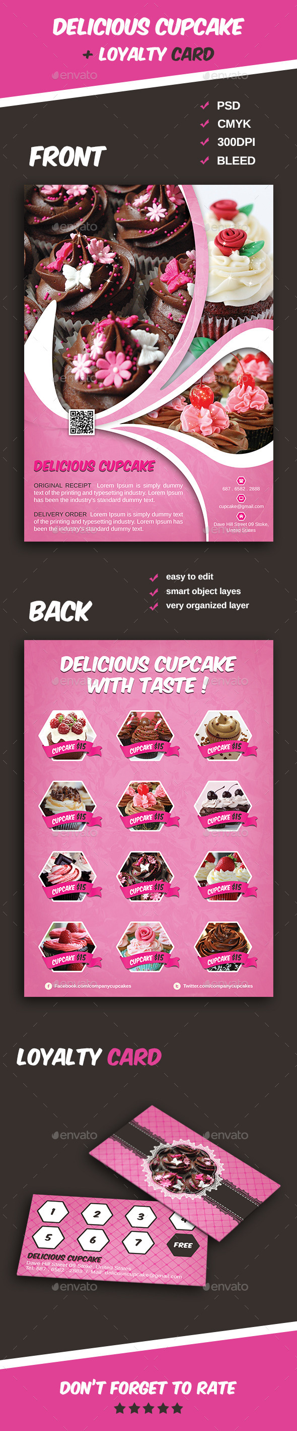 Delicious Cupcake Menu Flyer + Loyalty Card - Restaurant Flyers