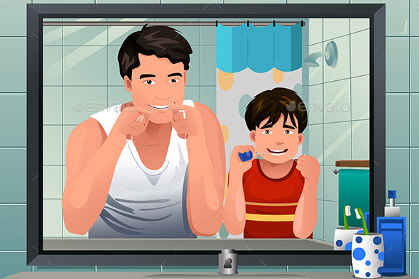 Father Teaching his Son How to Floss - People Characters