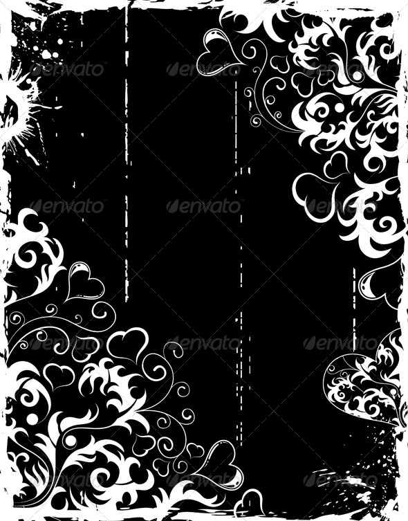 Valentines Day grunge frame with hearts and flower - Valentines Seasons/Holidays