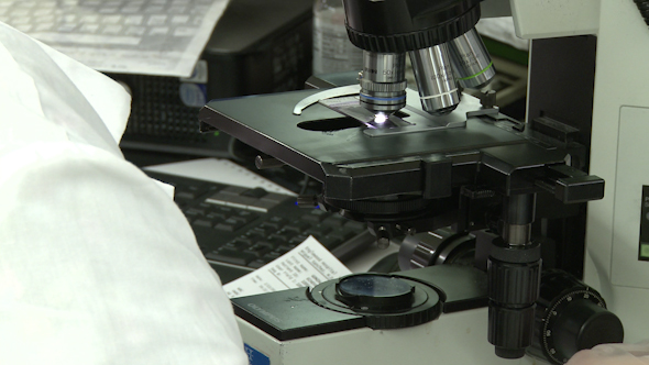 Hand Focuses Microscope
