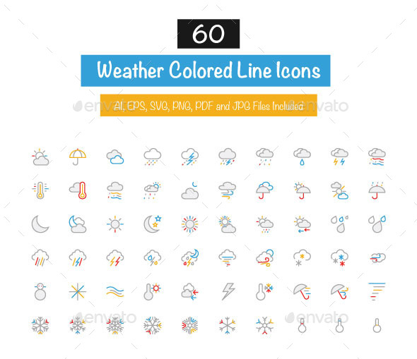 60 Weather Colored Line Icons - Seasonal Icons