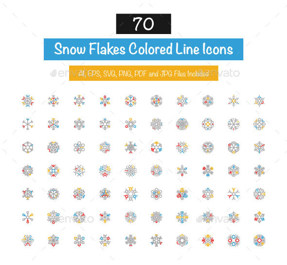 70 Snow Flakes Colored Line Icons - Seasonal Icons