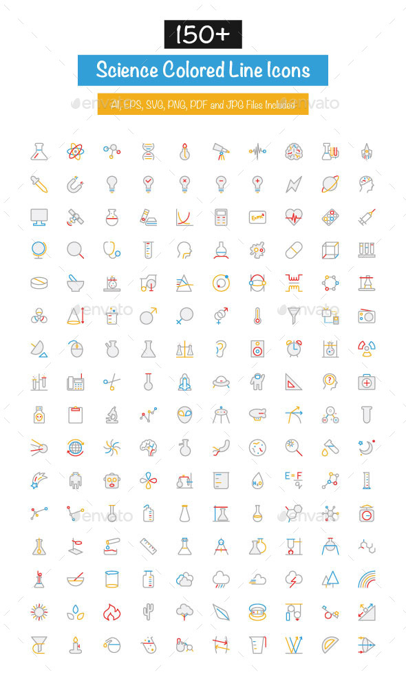 150+ Science Colored Line Icons - Technology Icons