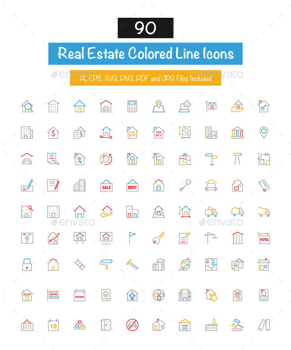 90 Real Estate Colored Line Icons - Business Icons