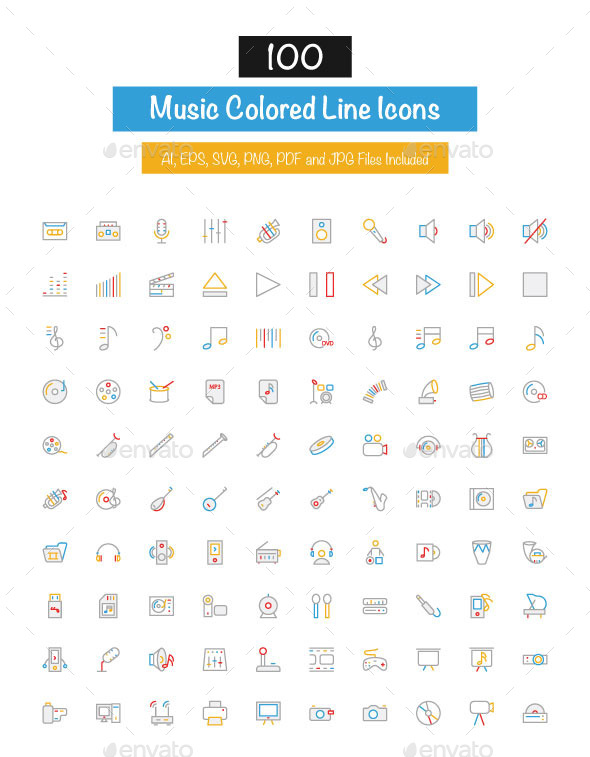 100 Music Colored Line Icons - Media Icons
