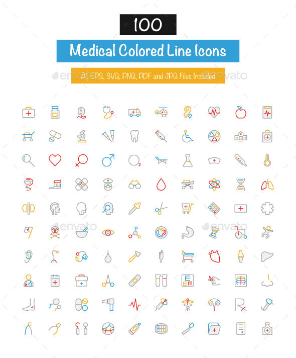 100 Medical Colored Line Icons - Icons
