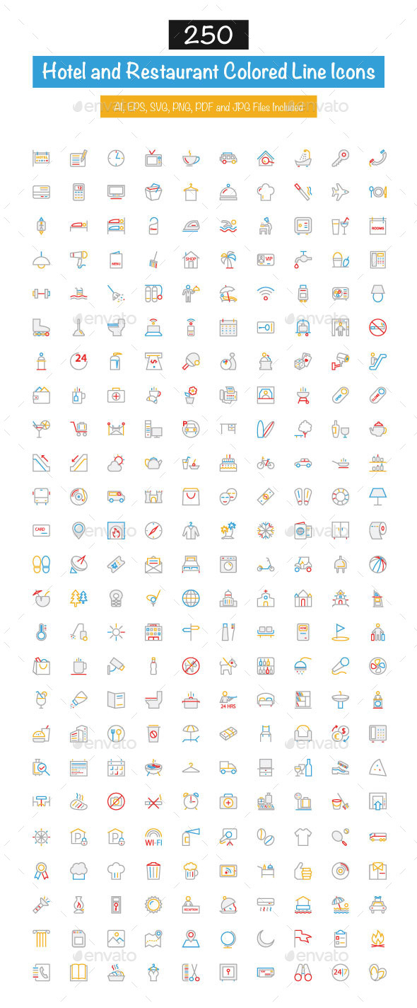 250 Hotel and Restaurant Colored Line Icons - Icons