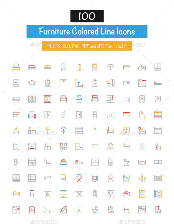 100 Furniture Colored Line Icons - Man-made objects Objects