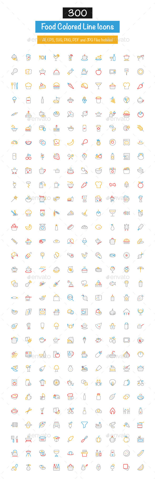 300 Food Colored Line Icons - Food Objects