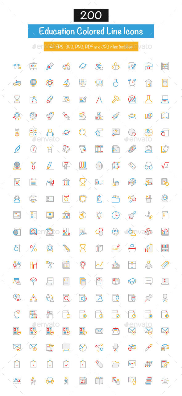 200 Education Colored Line Icons - Icons