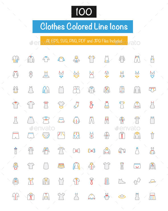 100 Clothes Colored Line Icons - Icons