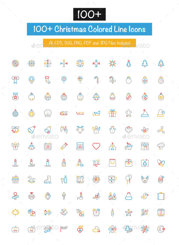 100+ Christmas Colored Line Icons - Seasonal Icons
